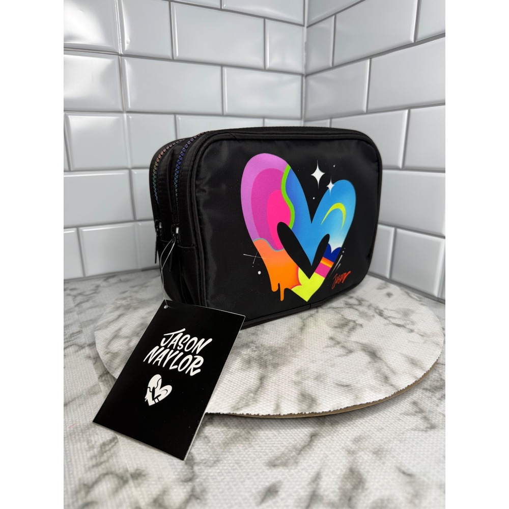 Jason Naylor Graffiti Heart Cosmetic Bag Black Dual Zip Rainbow Zipper NWT